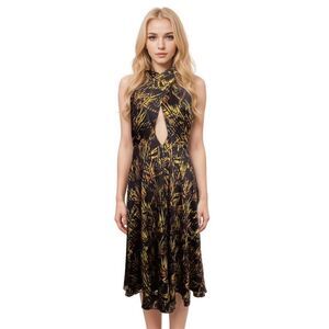 Beautiful Nights Halter Peephole Front Black & Gold Dress Size L